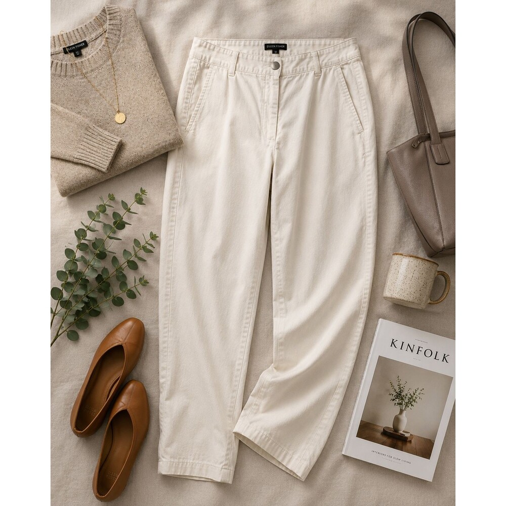 Eileen Fisher Women's 10 Organic Cotton Stretch Straight Leg Ankle Pants Ivory